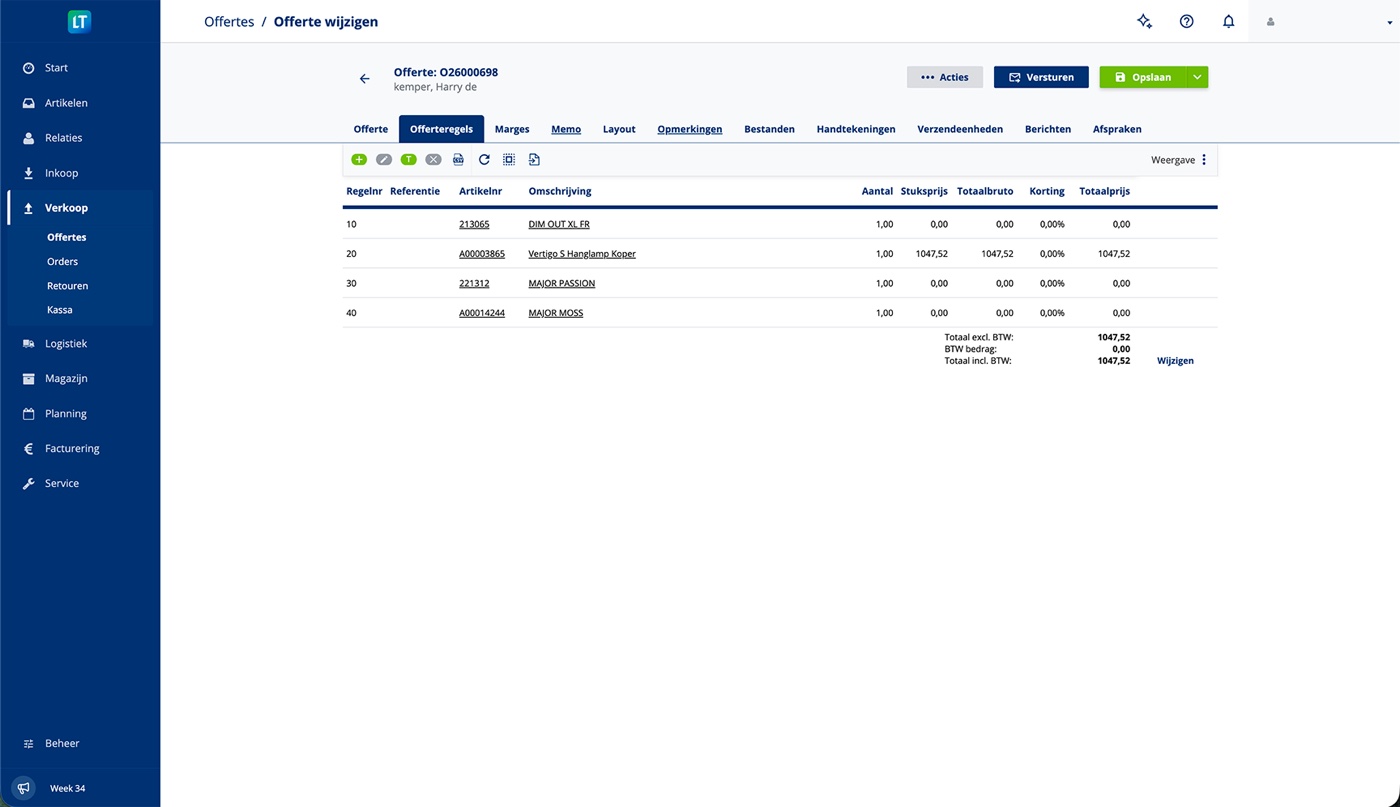 De oude offertemodule met elf tabbladen boven elkaar: Offerte, Offerteregels, Marges, Memo, Layout, Opmerkingen, Bestanden, Handtekeningen, Verzendeenheden, Berichten en Afspraken