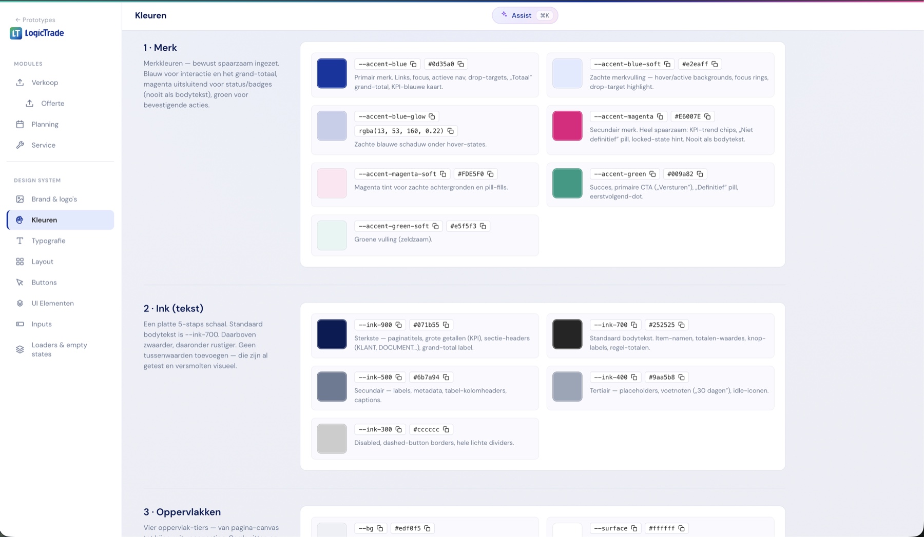 Kleurenpagina met merk-tokens en de ink-schaal, elk met hex-code en een regel over wanneer je de kleur gebruikt