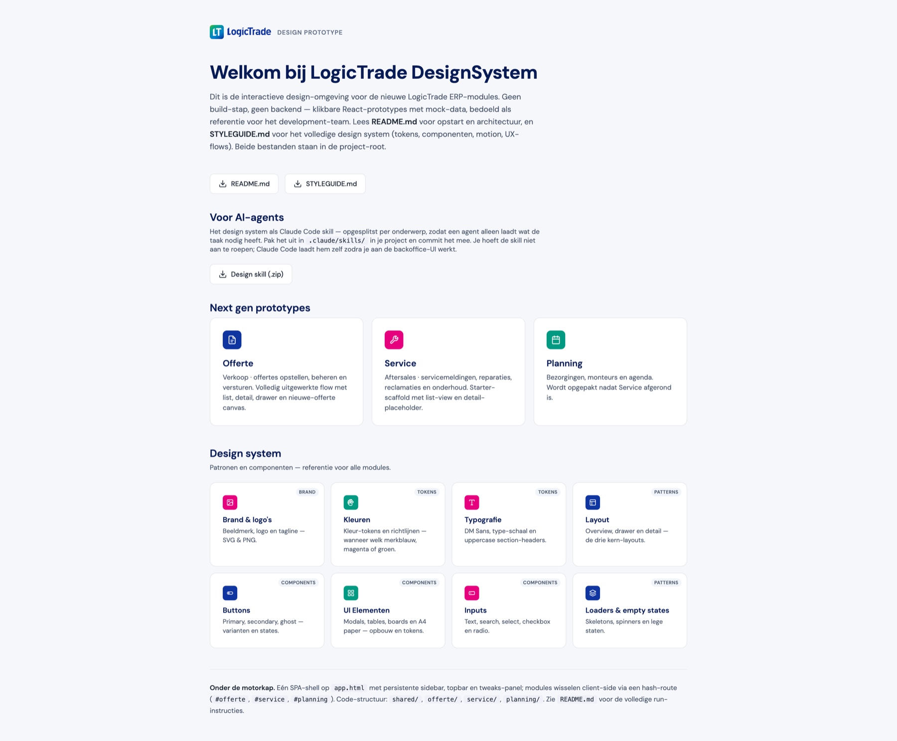 Startpagina van het design system met downloads voor README, styleguide en de Claude Code skill, plus kaarten naar de prototypes en de systeempagina's