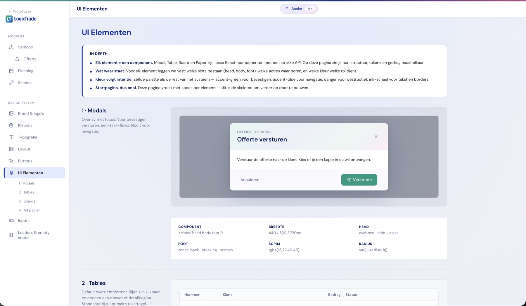 UI Elementen-pagina met een modal-voorbeeld en daaronder de specs: component, breedte, head, foot, scrim en radius