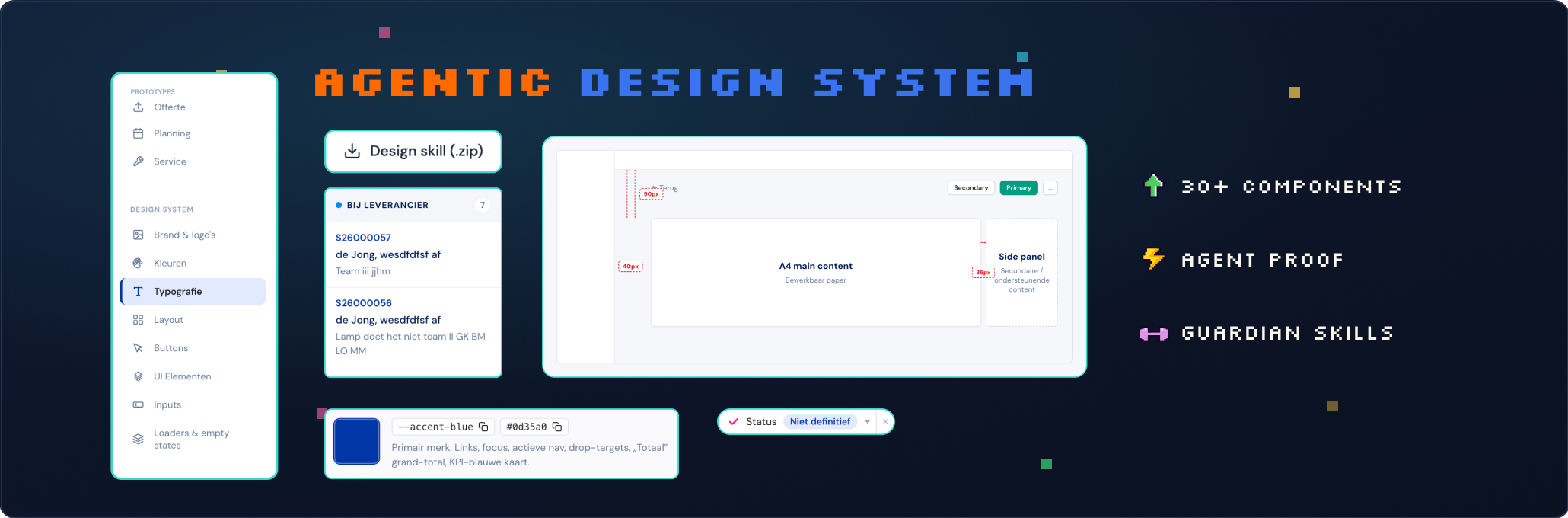 Agentic Design System — navigatie met design tokens, prototypes, componenten en spacing-annotaties