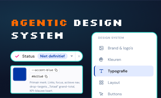 Agentic Design System — pixeltitel met een statuspill, een kleur-token en de navigatie van het design system