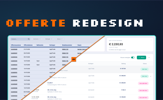 Offerte Redesign — pixeltitel boven het offerteoverzicht, dat diagonaal overgaat van het oude naar het nieuwe scherm