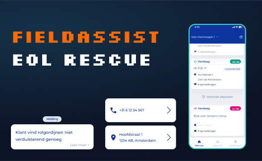 FieldAssist Rescue — pixeltitel naast een telefoonscherm met de dagplanning van een bezorger, en losse elementen voor bellen, navigeren en meldingen